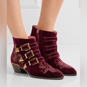 Chloe Burgundy Suede Studded Ankle Boots with Buckles